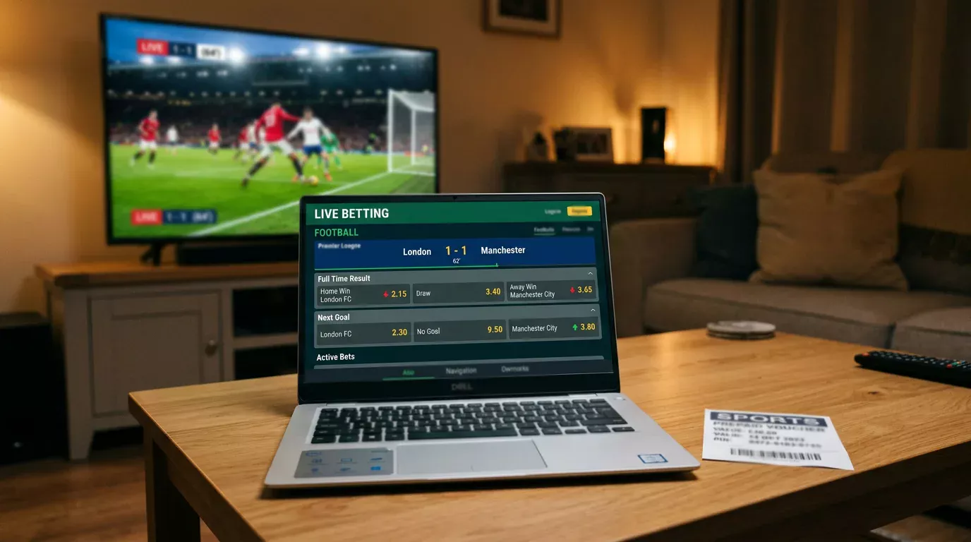 Pantalla con cuotas live cambiando en tiempo real junto a cupón paysafecard y partido en televisión