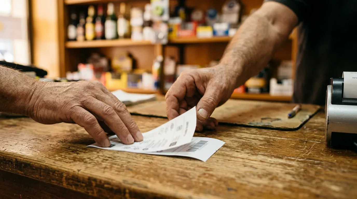 Mostrador de estanco español con ticket paysafecard recién impreso sobre la barra
