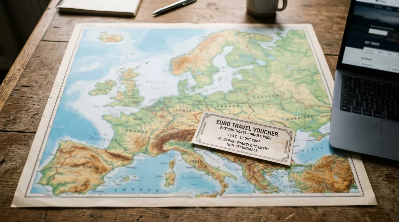 Mapa impreso de Europa sobre mesa junto a cupón paysafecard y portátil abierto