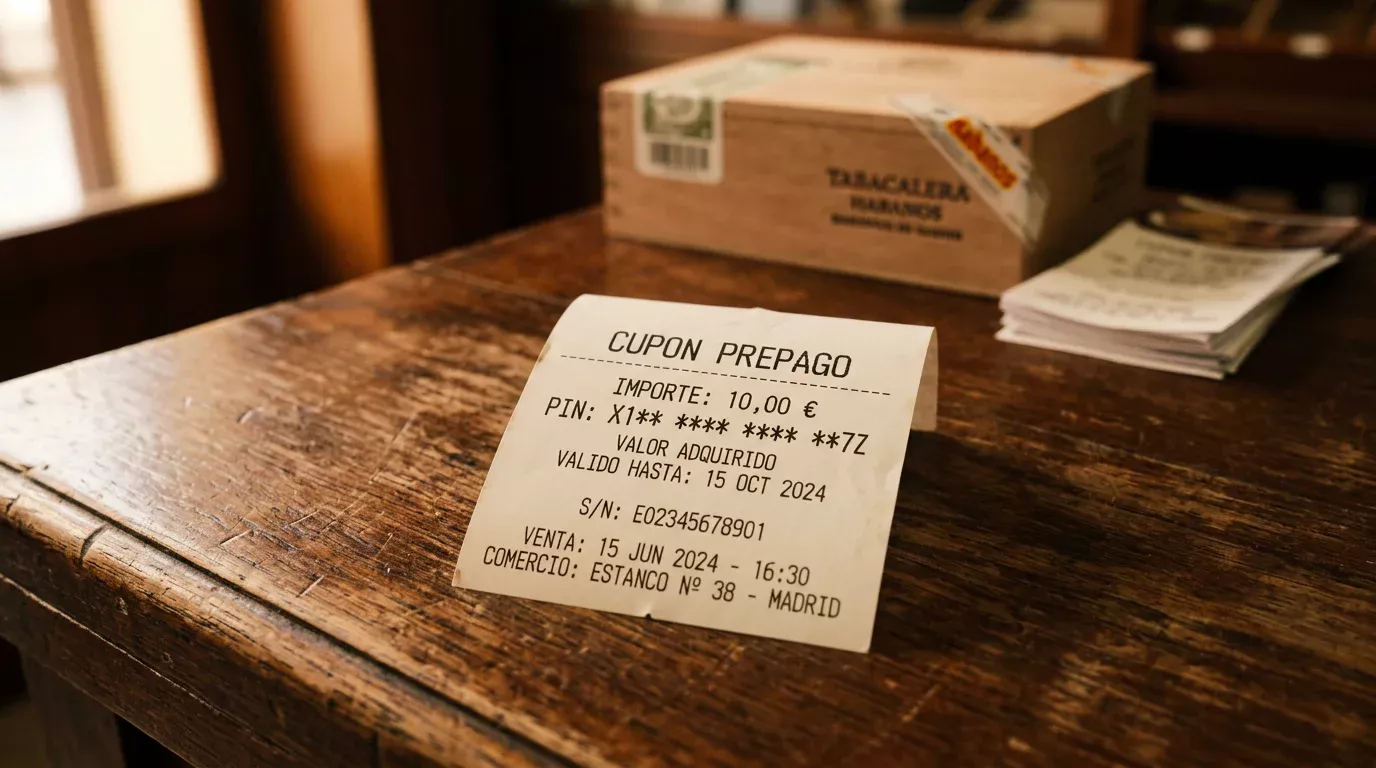 Ticket impreso de cupón paysafecard con código PIN de 16 dígitos sobre mostrador