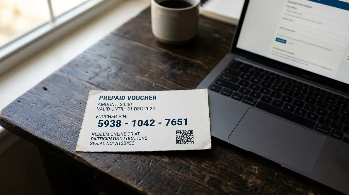 Ticket de cupón prepago paysafecard junto a un portátil abierto sobre una mesa