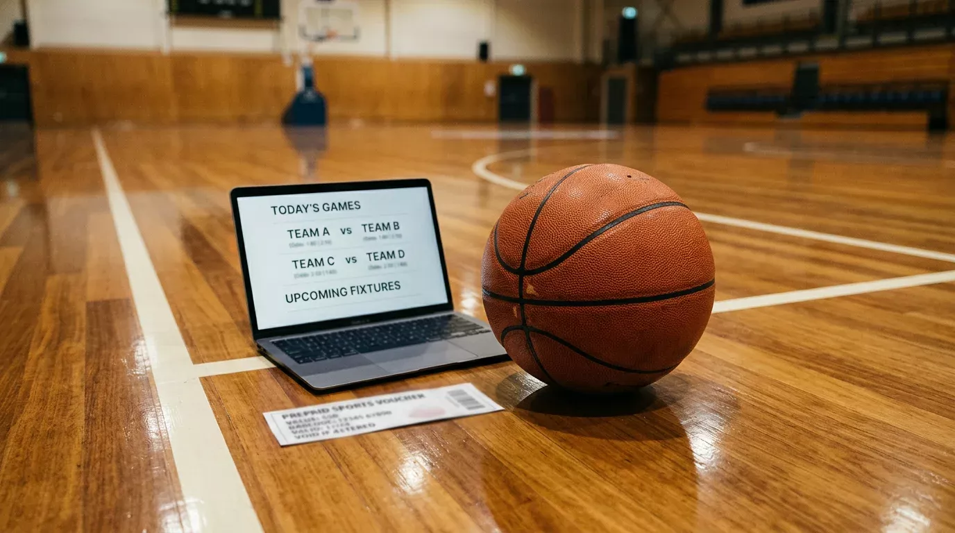 Balón de baloncesto junto a cupón paysafecard y portátil con cuotas abiertas