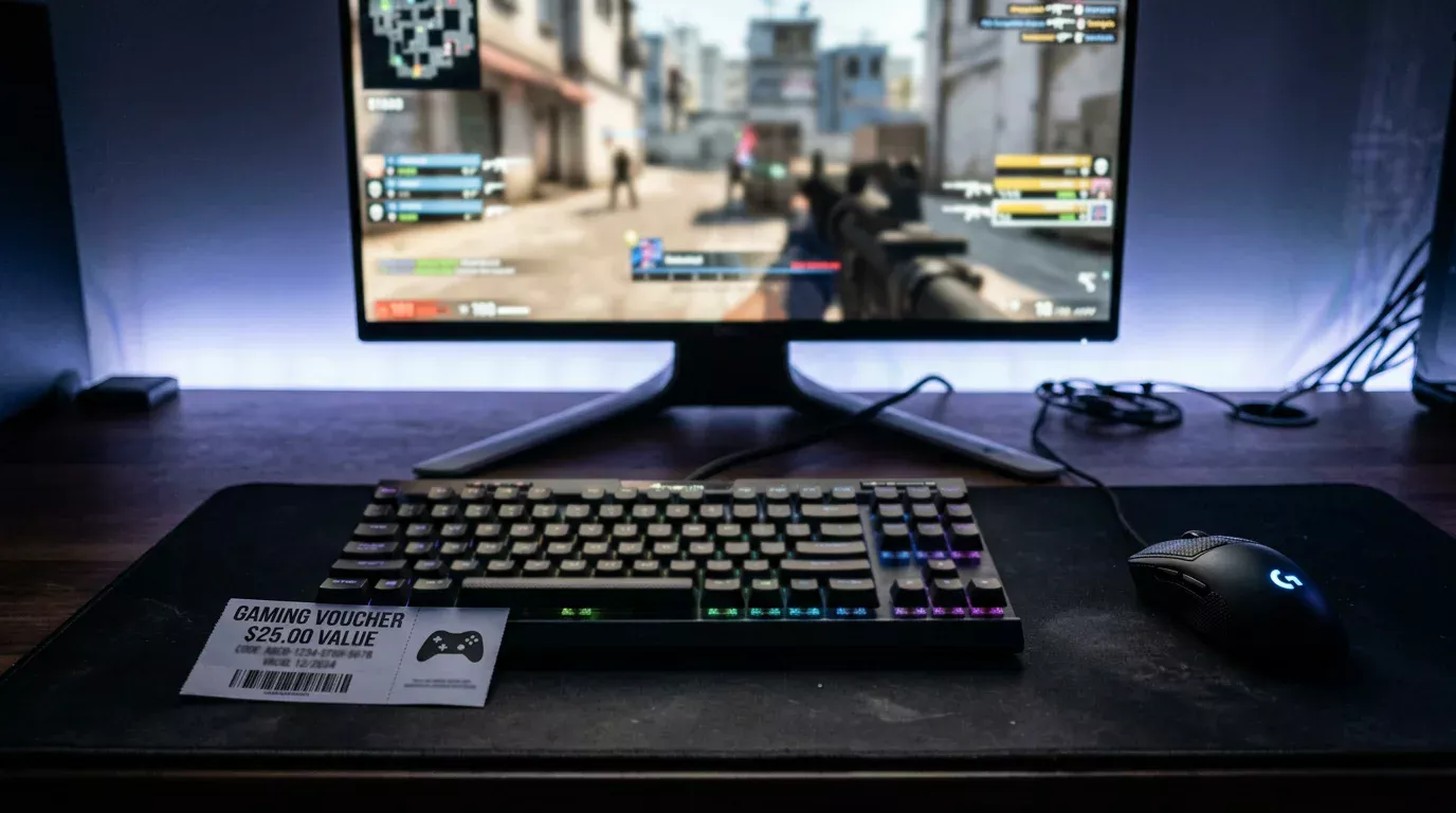 Teclado mecánico con pantalla de eSports y cupón paysafecard junto a ratón gaming