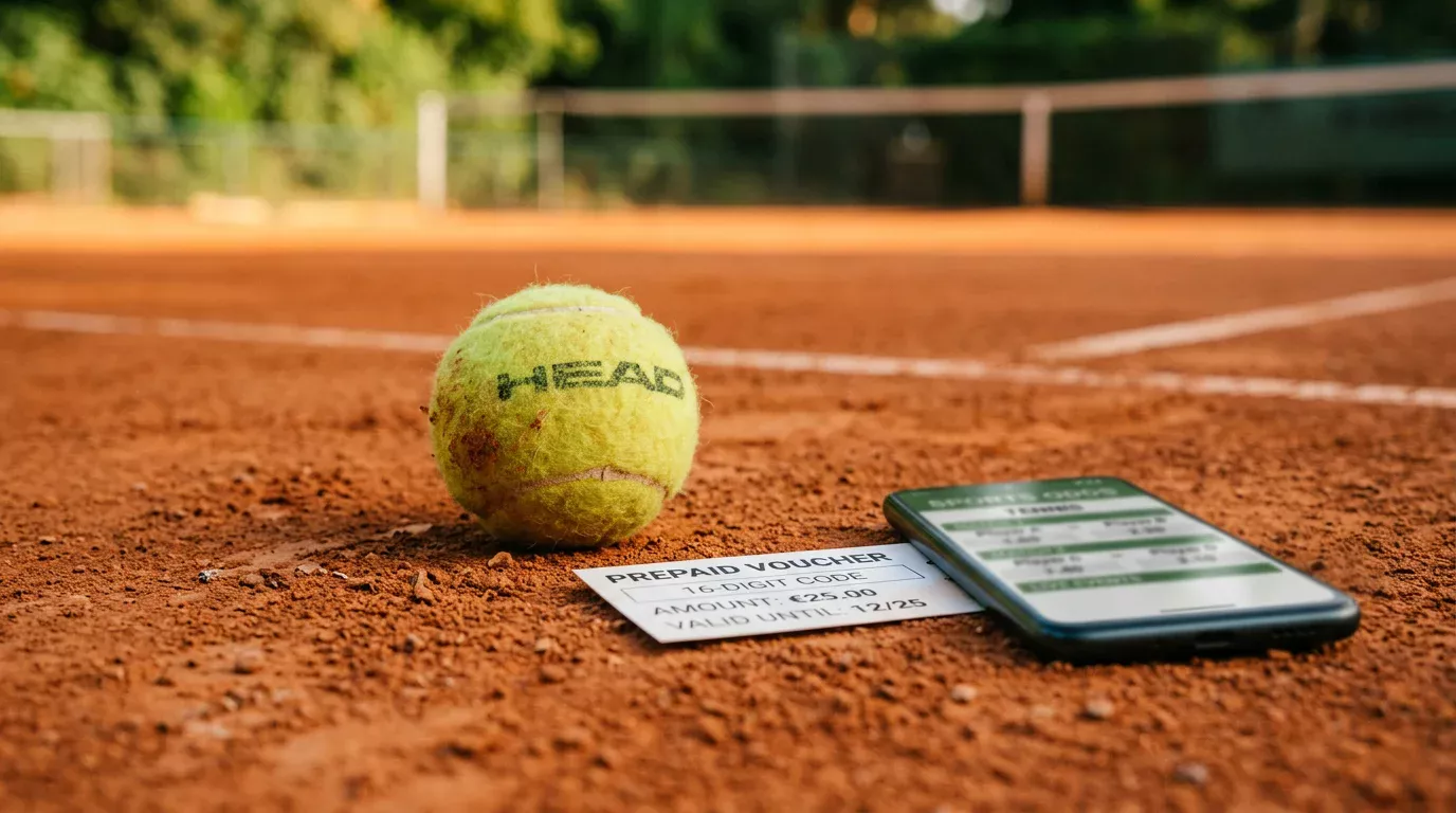 Pelota de tenis sobre tierra batida junto a cupón paysafecard y pantalla con cuotas