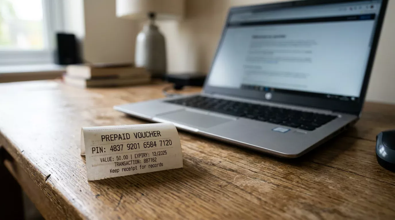 Cupón prepago paysafecard con PIN numérico junto a portátil abierto en una mesa de trabajo