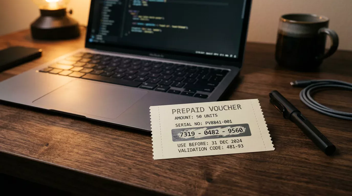 Cupón prepago paysafecard junto a un portátil sobre un escritorio oscuro