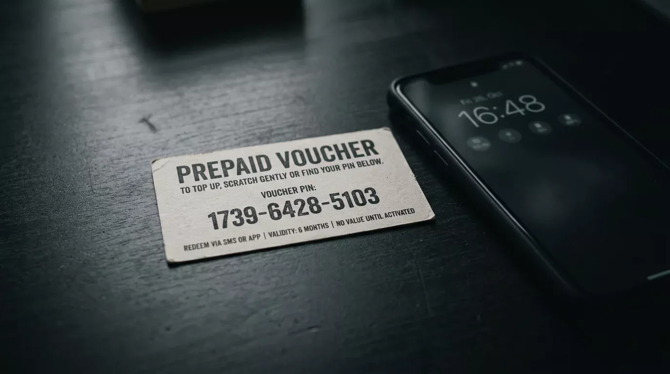 Cupón prepago paysafecard sobre una superficie oscura junto a un teléfono móvil