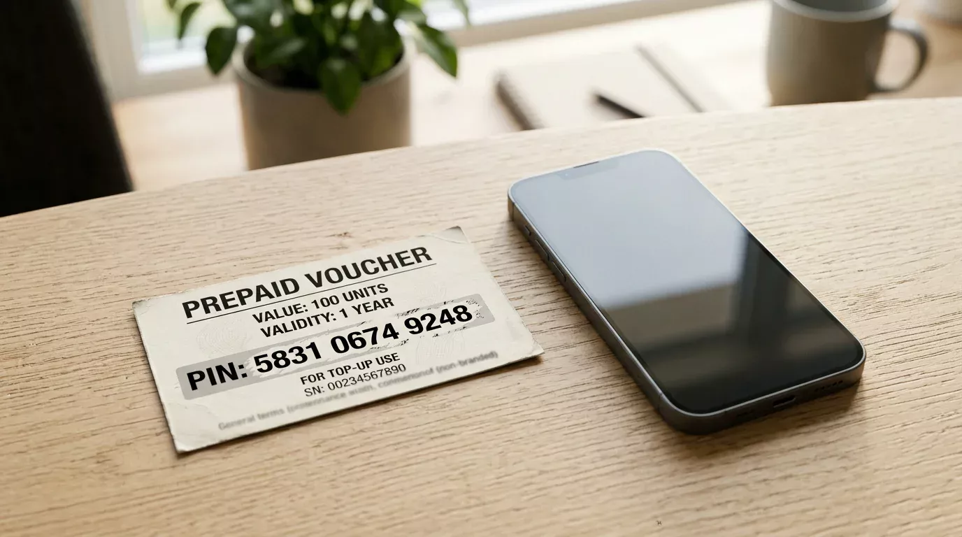 Ticket de cupón prepago paysafecard apoyado sobre una mesa junto a un smartphone