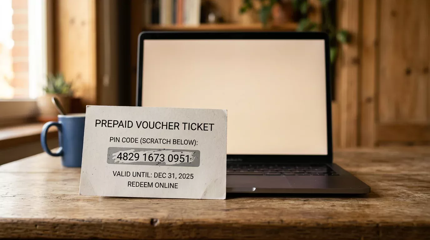 Ticket paysafecard apoyado sobre un portátil abierto en un escritorio