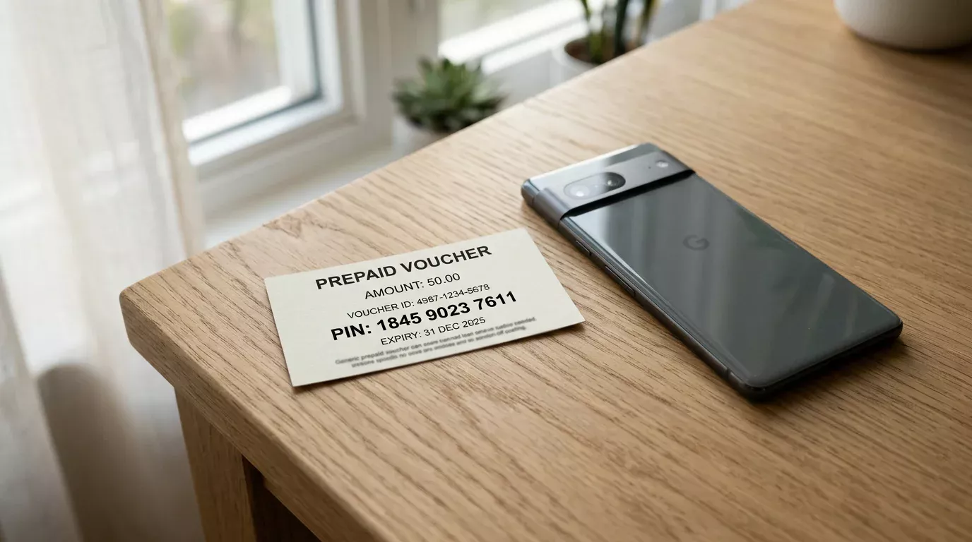 Cupón prepago paysafecard sobre una mesa de madera clara junto a un smartphone
