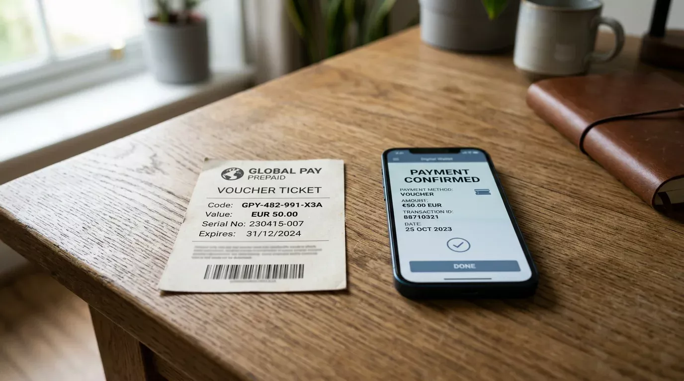 Comparativa visual entre cupón paysafecard y pantalla de app PayPal sobre mesa