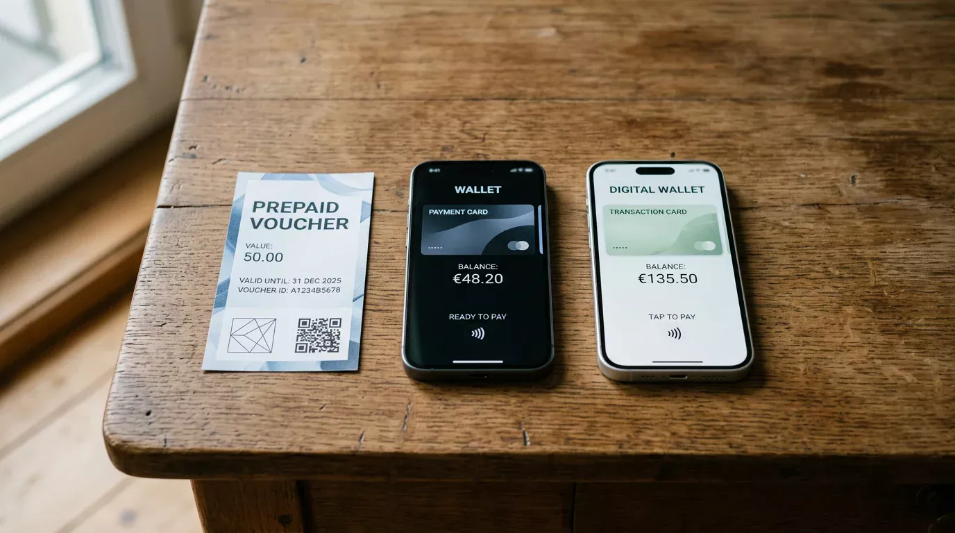 Tres métodos de pago dispuestos en paralelo sobre mesa: cupón paysafecard, logo Skrill y logo Neteller