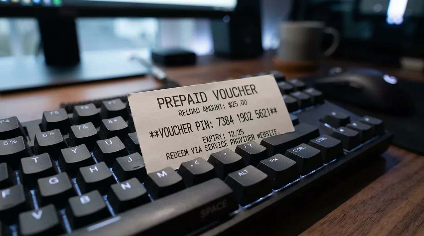 Cupón prepago paysafecard sobre un teclado de ordenador en una mesa de trabajo
