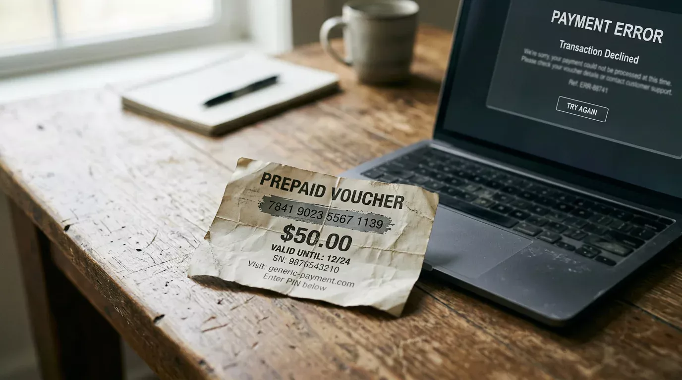 Ticket paysafecard desgastado sobre mesa con ordenador y expresión de preocupación reflejada