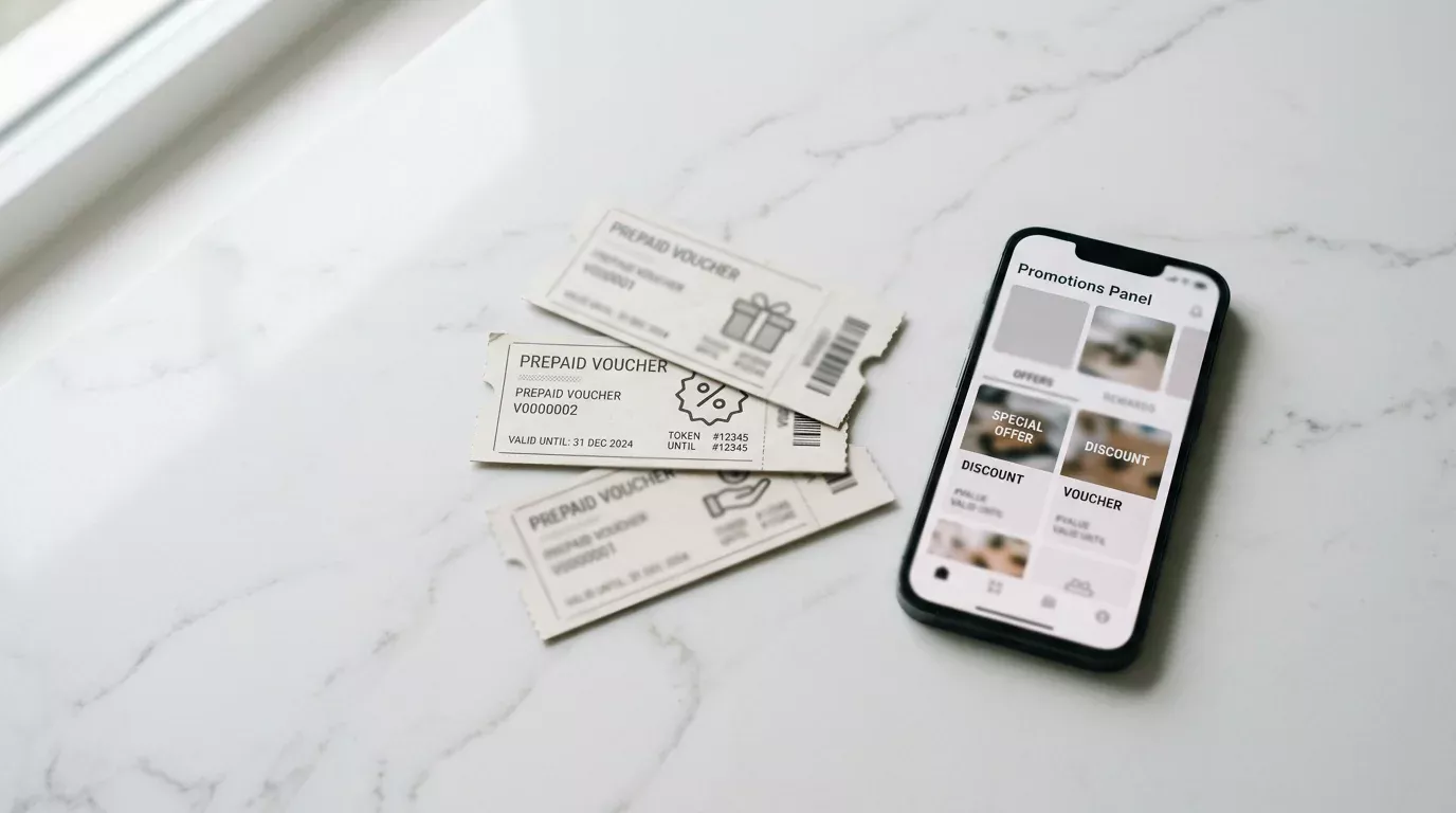 Calendario mensual de promociones junto a fichas paysafecard sobre superficie blanca