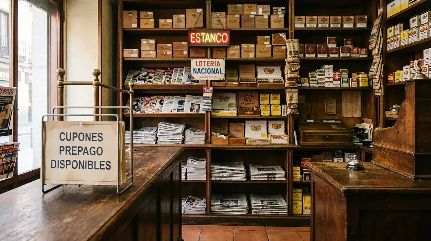 Interior de un estanco español donde se venden cupones paysafecard junto al mostrador